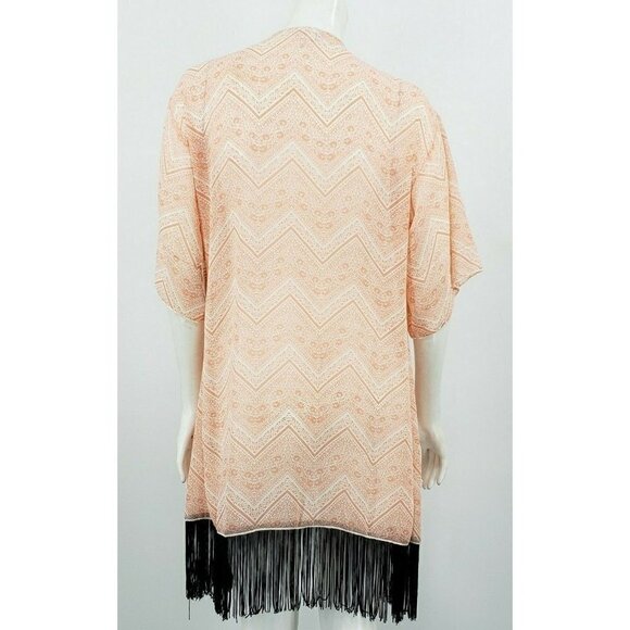 New Lularoe Monroe Kimono Womens Small Peach Floral Chevron Cover Up Fringe - Picture 3 of 6